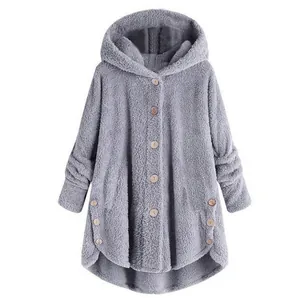 Cozy grey teddy fleece hooded coat for women with decorative wood buttons and high-low hem