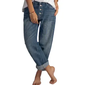 Casual Loose Fit Denim Straight-Leg Jeans for Women with Trendy Button Fly Closure
