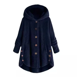 Women's fuzzy navy blue hooded coat with wooden buttons and irregular hi-low hemline