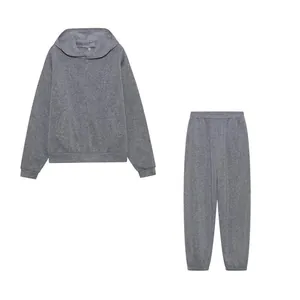 Ensemble de survêtement décontracté deux pièces avec sweat à capuche gris et pantalon assorti.