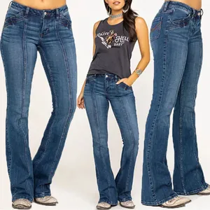 Vaqueros Acampanados de Mezclilla Lavados para Mujer Ajustados Cintura Media Vintage con Costura Central Vertical Pantalones Largos Mujer
