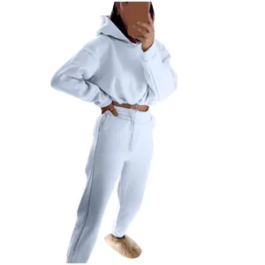 Detailansicht eines modischen langärmeligen Crop-Hoodies und Jogginghosen-Sets für Damen