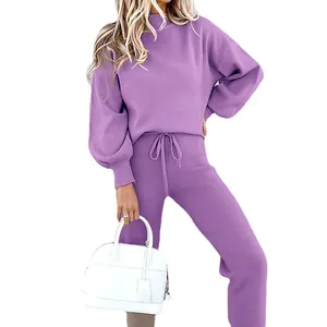 Set da salotto da donna in 2 pezzi viola con felpa a collo alto e pantaloni con coulisse