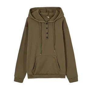 Front view of an olive green oversized hooded sweatshirt with button henley neckline.