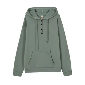 Front flat lay view of a sage green long sleeve hoodie with button collar and front pocket