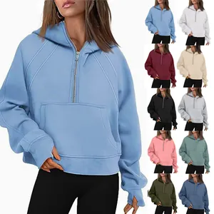 Women Half Zip Hooded Short Fleece Hoodie Casual Sporty Sweatshirt With Thumbholes Kangaroo Pocket Solid Color Streetwear Pullover Top