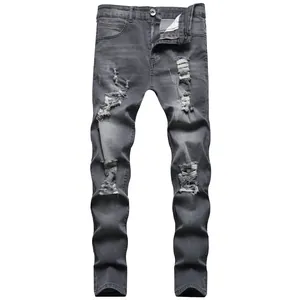 Front view of grey distressed men's slim-fit jeans showing ripped detail and denim texture