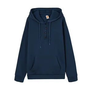 Front view detail of a navy blue casual loose-fit drawstring hoodie for women