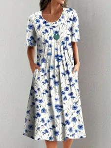 Abito midi a maniche corte con stampa floreale blu e design a vita alta plissettata.