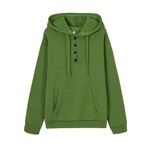 Front view of a green long-sleeved casual hoodie with buttons and a kangaroo pocket