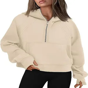 Casual apricot half-zip cropped hoodie with fleece lining and front pocket for women