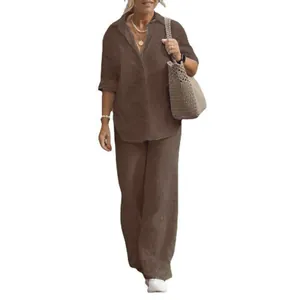 Detail view of the brown casual two-piece set featuring a long sleeve button-up shirt