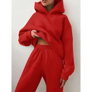 Ensemble deux pièces sweat à capuche et pantalon rouge épais pour femme, mode décontractée