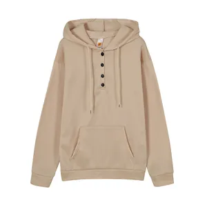 Women's casual long sleeve hoodie with button henley neckline and drawstring pocket