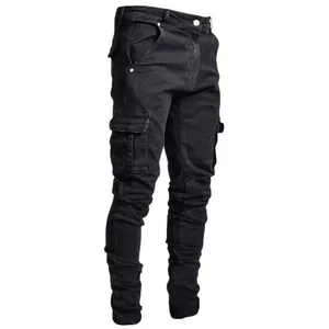 Men's slim fit black cargo denim jeans with side flap pockets and stylish tapered leg