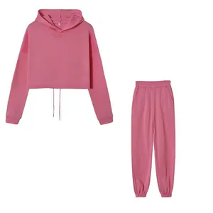 Detailansicht des rosa langärmeligen Kapuzenpullovers und der Jogginghose im Zweiteiler