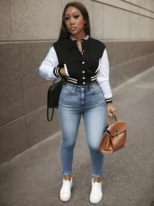 Women Color Block Varsity Jacket Single Breasted Baseball Coat Striped Ribbing Casual Outdoor Sportswear Long Sleeve Top