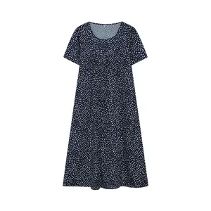 Elegantes marineblaues Kurzarmkleid mit klassischem Blumendruck und lockerer A-Linien-Passform