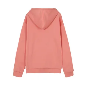 Back view of women's comfortable pink loose-fit long-sleeved hooded sweatshirt garment