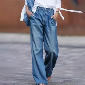 Jean vintage taille haute à jambes larges avec une coupe ample longue pour femmes