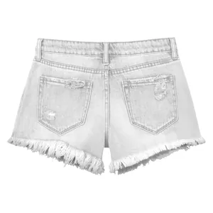 Close-up of white distressed denim shorts with raw frayed hem and ripped back pockets.
