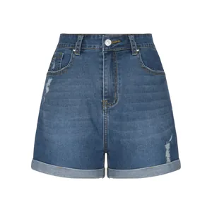 Women's summer high-waisted slim fit ripped denim shorts with rolled cuffs in blue