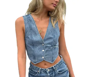 Detailed view of a trendy washed blue denim vest for women with stylish V-neck design