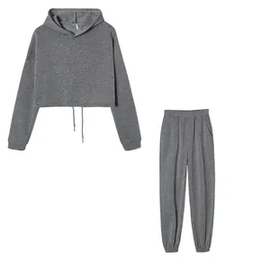 Graues zweiteiliges Trainingsset mit bauchfreiem Kapuzenpullover und Jogginghose.