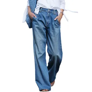Jean vintage taille haute jambe large pour femme coupe ample longue couleur bleue