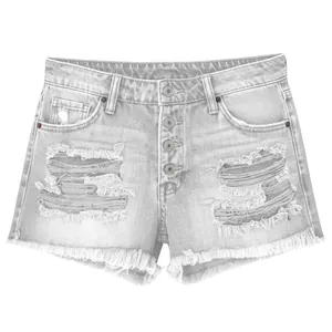 Detailed view of women's gray distressed denim shorts with frayed hems and button fly