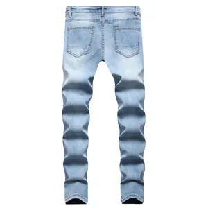 Back view of mens slim fit light blue denim jeans with classic pocket design