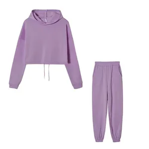 Zweiteiliges lila Sportset mit bauchfreiem Langarm-Kapuzenpullover und passender Jogginghose.
