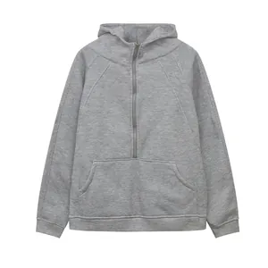 Detailed front view of a grey half-zip hooded sweatshirt with a kangaroo pocket