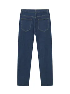 Vue arrière d'un jean stretch pour hommes, coupe ajustée, délavage bleu foncé.