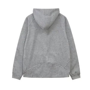 Back view of a stylish grey fleece-lined hoodie featuring a casual fit and hood detail