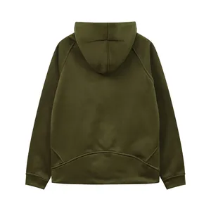 Back view of a casual olive green fleece-lined hooded sweatshirt with raglan sleeves.