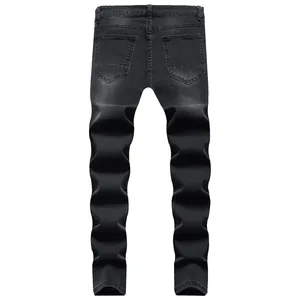 Back view of slim fit black denim jeans for men featuring a stylish washed texture