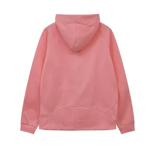 Back view of a pink cropped fleece-lined hoodie showing the hood and seam details