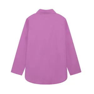 Back view of a purple long-sleeved lapel shirt featuring a curved hem and solid color design.
