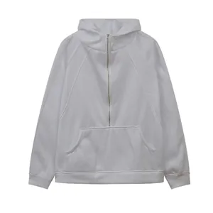 Full front view of a white fashion casual half-zip hooded sweatshirt with pocket.