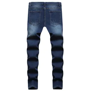 Rear view of men's slim fit jeans with dark blue wash and classic back pockets.