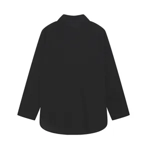 Back view of a minimalist black long-sleeved lapel shirt for women casual style