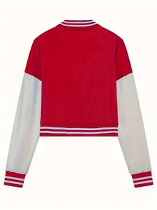 Back view of a red and silver color-block varsity jacket for women with striped ribbing