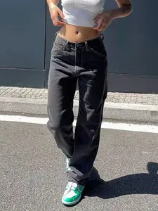 Jeans a gamba larga a vita alta da donna in nero vintage, pantaloni casual street style