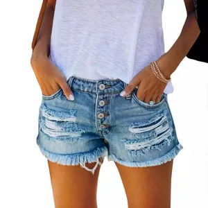 Distressed denim shorts with fringe hem and button fly for women's summer fashion