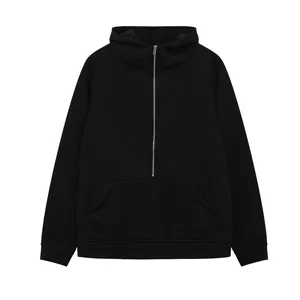 Front view of black half-zip fleece hooded sweatshirt showing kangaroo pocket and zipper detail
