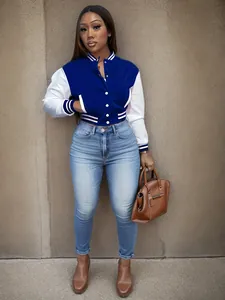 Cropped blue and white varsity jacket with single-breasted buttons and striped cuffs