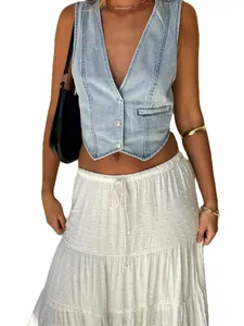 Detailed view of fashionable light wash denim vest with deep V-neck and button closure