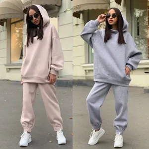 Oversized solid color hooded sweatshirt and jogger two-piece tracksuit set for fashion women