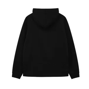 Back view of classic black hooded sweatshirt featuring raglan sleeves and curved hem design